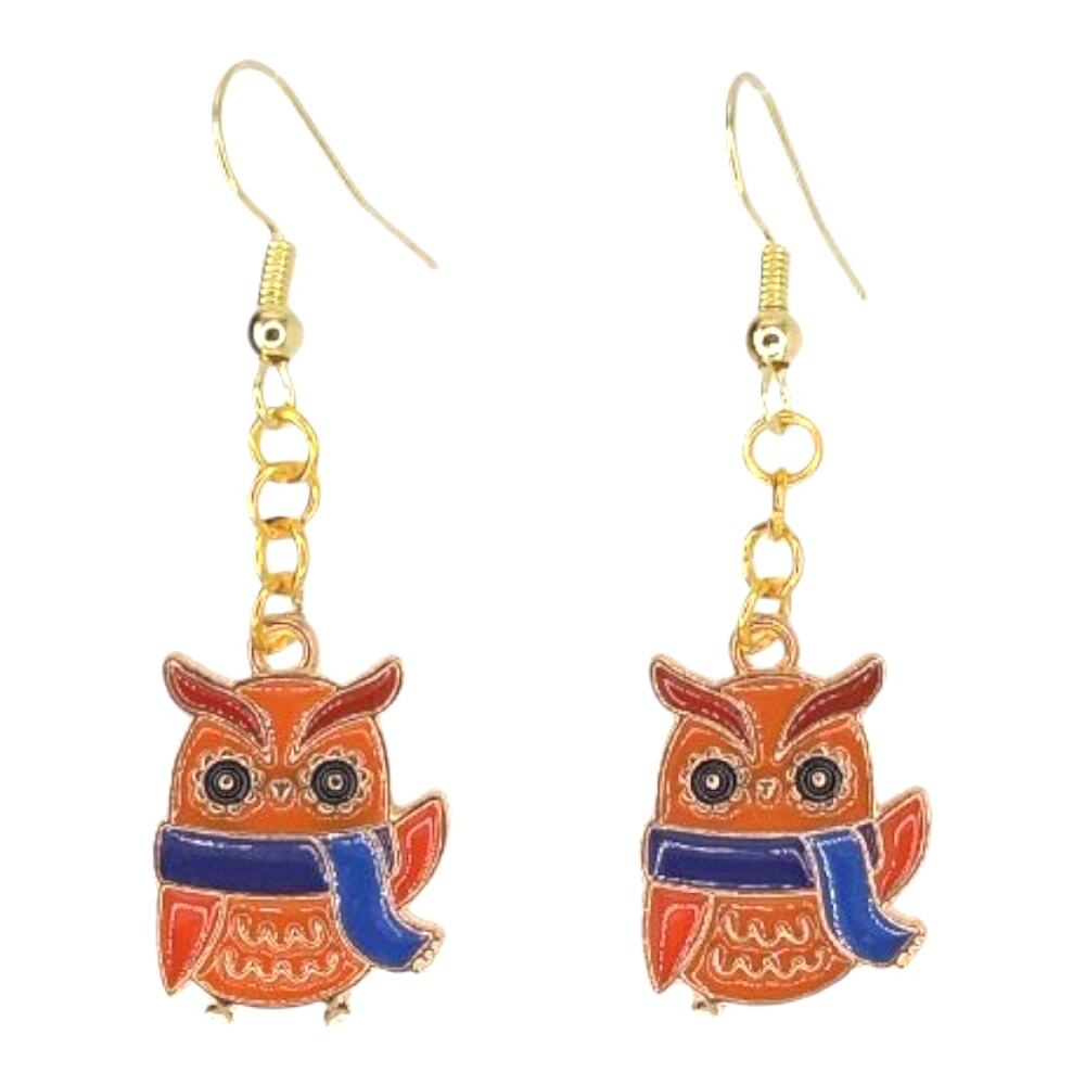 Brown Owl Earrings with Blue Scarf – Fall Autumn Dangle Jewelry